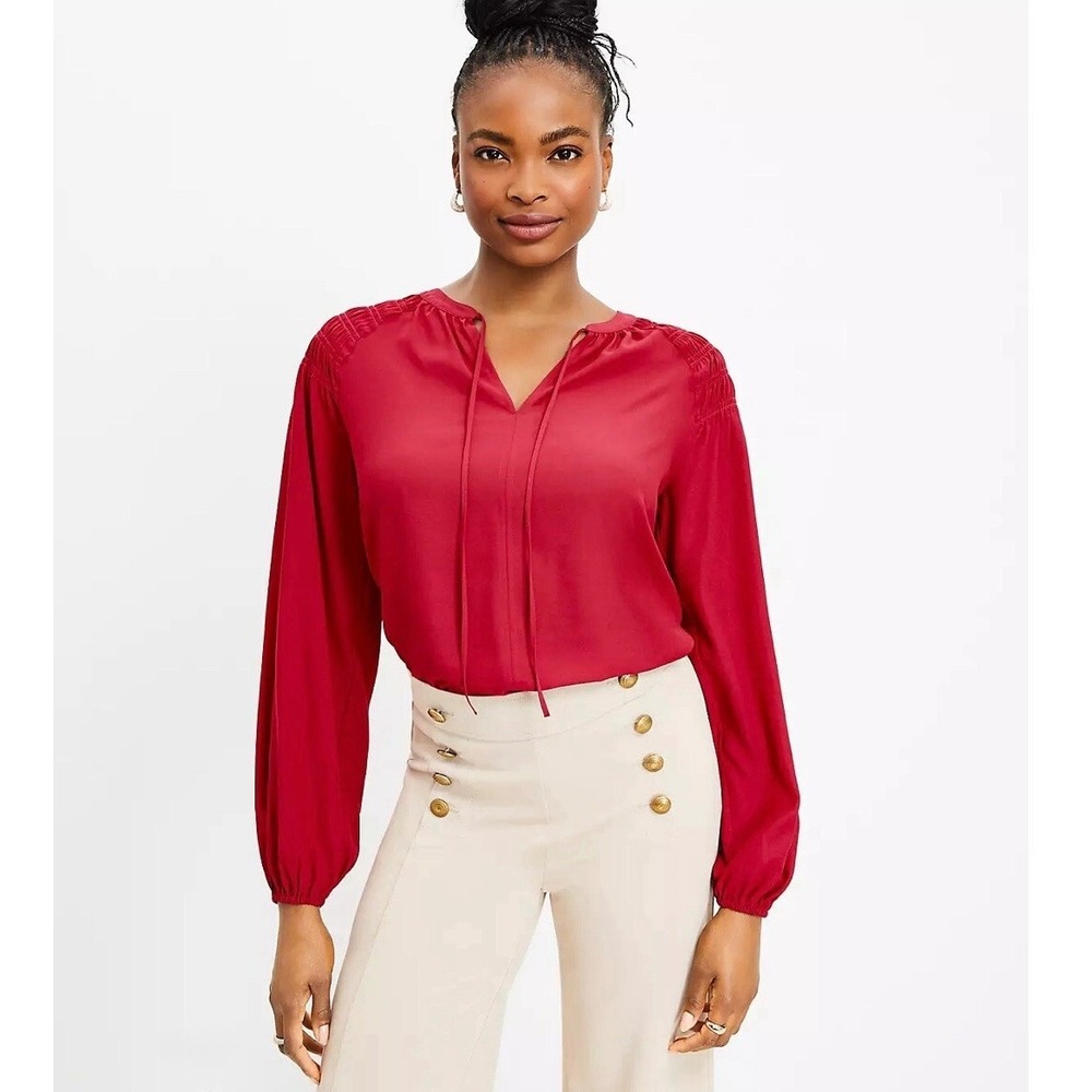 LOFT Smocked Shoulder Tie Neck Blouse S